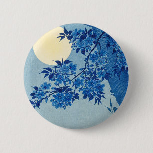 Blue Moonlit Tree: Japanese Cherry Blossom Night Button