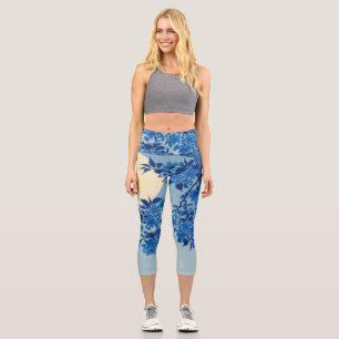Blue Moonlit Tree: Japanese Cherry Blossom Night Capri Leggings