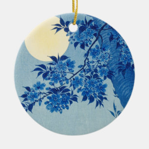 Blue Moonlit Tree: Japanese Cherry Blossom Night Ceramic Ornament