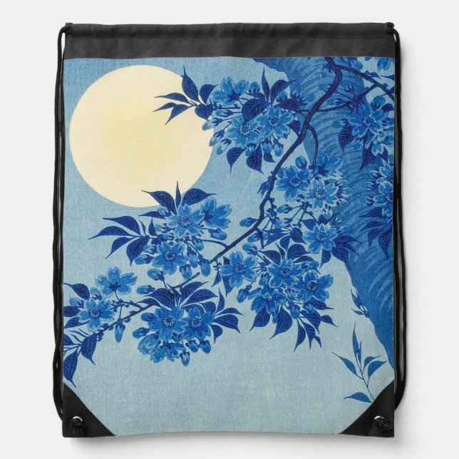 Blue Moonlit Tree: Japanese Cherry Blossom Night Drawstring Bag (Front)