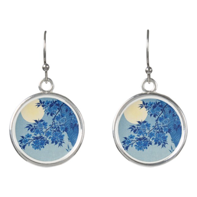 Blue Moonlit Tree: Japanese Cherry Blossom Night Earrings (Front)