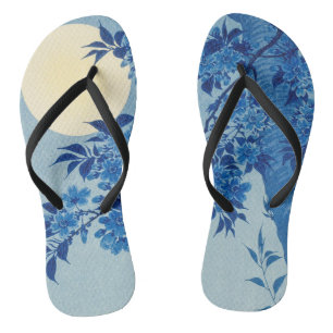 Blue Moonlit Tree: Japanese Cherry Blossom Night Flip Flops