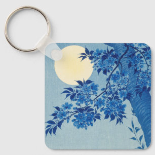 Blue Moonlit Tree: Japanese Cherry Blossom Night Keychain