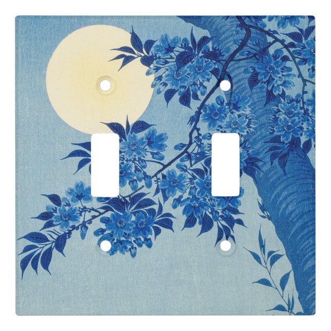 Blue Moonlit Tree: Japanese Cherry Blossom Night Light Switch Cover (Front)