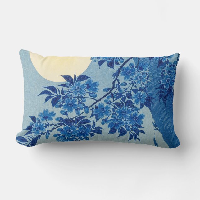 Blue Moonlit Tree: Japanese Cherry Blossom Night Lumbar Pillow (Front)