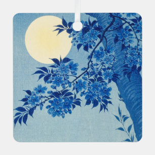 Blue Moonlit Tree: Japanese Cherry Blossom Night Metal Ornament