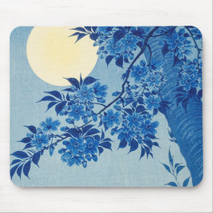 Blue Moonlit Tree: Japanese Cherry Blossom Night Mouse Pad