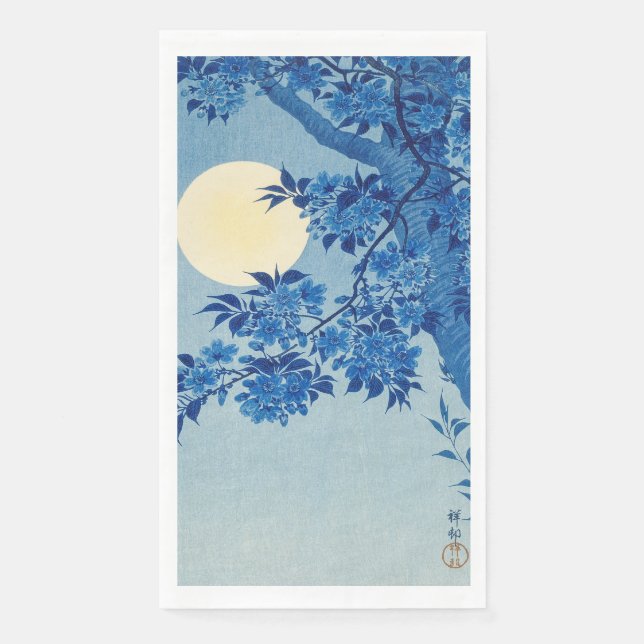 Blue Moonlit Tree: Japanese Cherry Blossom Night Paper Guest Towels (Front)