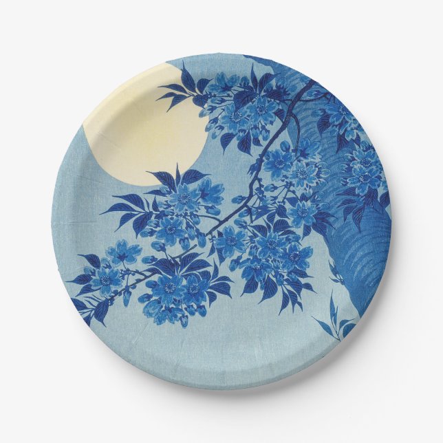 Blue Moonlit Tree: Japanese Cherry Blossom Night Paper Plates (Front)