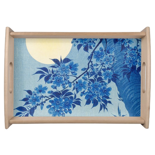 Blue Moonlit Tree: Japanese Cherry Blossom Night Serving Tray (Front)