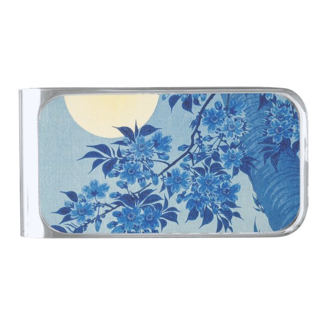 Blue Moonlit Tree: Japanese Cherry Blossom Night Silver Finish Money Clip (Front)