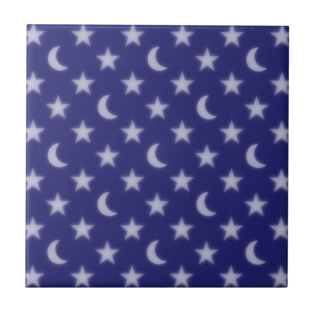 Blue moons and stars pattern ceramic tile (Front)