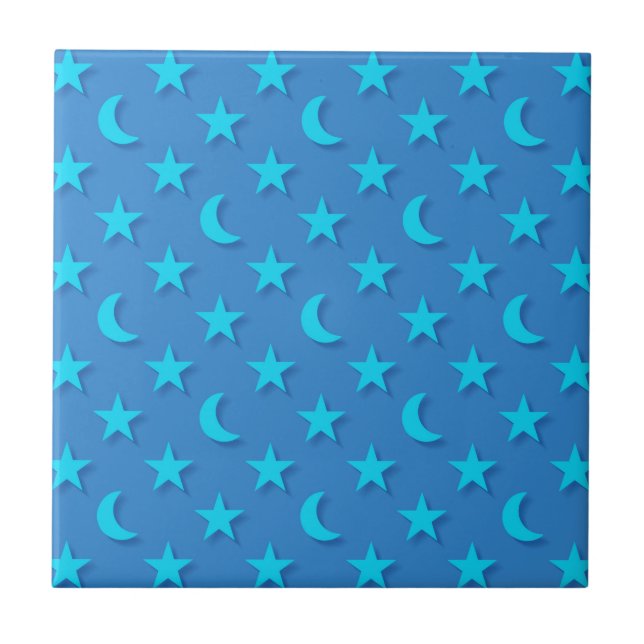 Blue moons and stars pattern ceramic tile (Front)