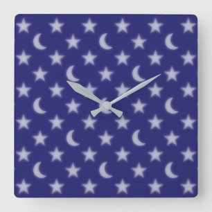Blue moons and stars pattern square wall clock