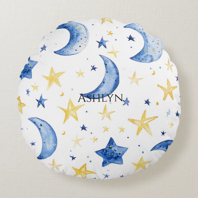 Blue Moons Gold Stars Round Pillow (Front)