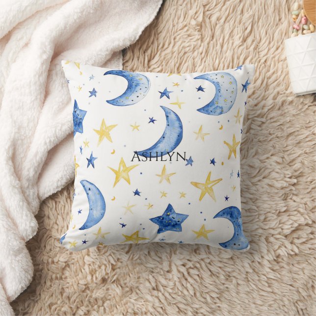 Blue Moons Gold Stars Throw Pillow (Blanket)