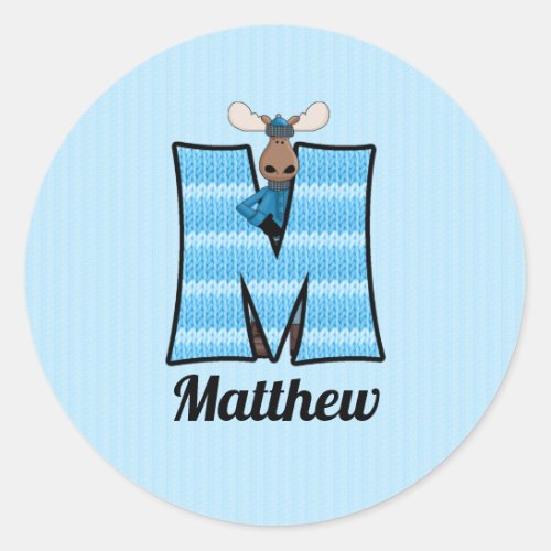 Blue Moose Monogram Letter M with Name Classic Round Sticker