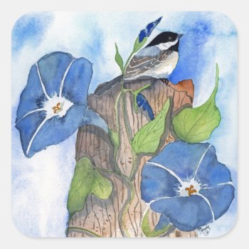 Blue Morning Glories And Chickadee Square Sticker by glorykmurphy at Zazzle