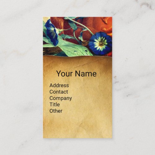 BLUE MORNING GLORIES FLORAL PARCHMENT MONOGRAM  BUSINESS CARD