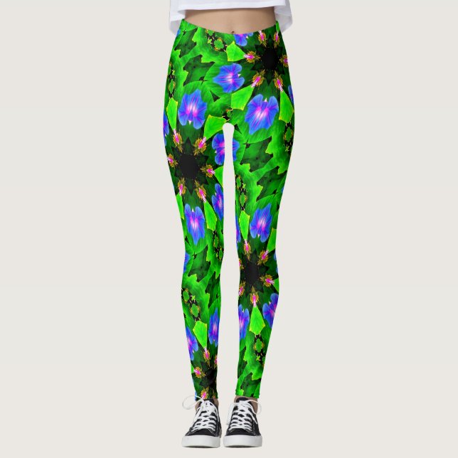 blue morning glories green leggings (Front)