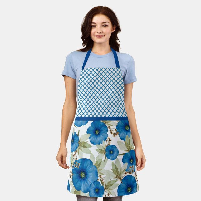 Blue Morning Glories, Lattice Work Personalized Apron (Worn)