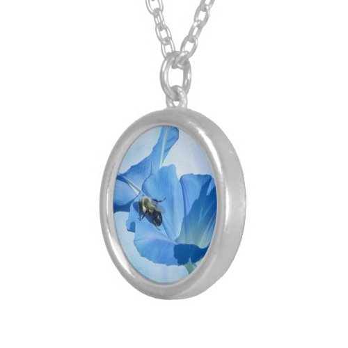 Blue Morning Glory and Bumblebee Silver Plated Necklace