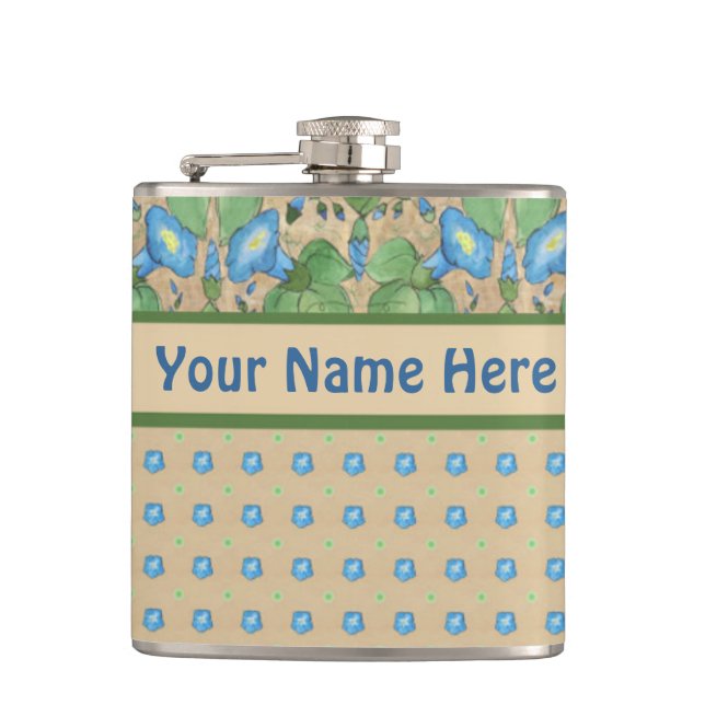 Blue Morning Glory and Polka Dots Hip Flask (Front)