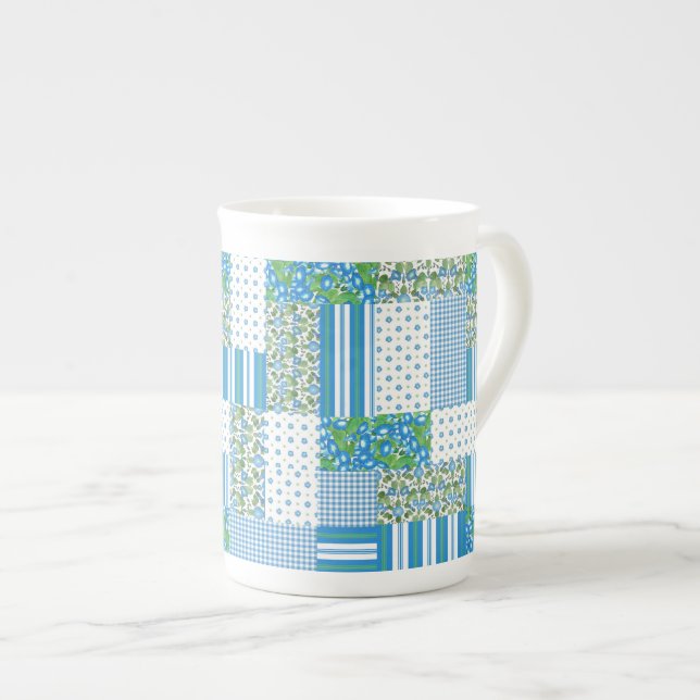 Blue Morning Glory Faux Patchwork Bone China Mug (Front Right)