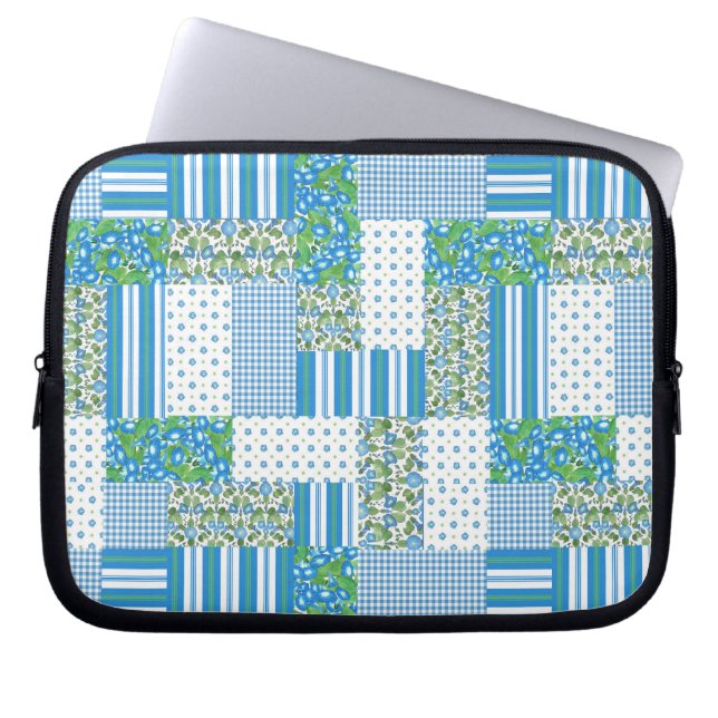 Blue Morning Glory Faux Patchwork Laptop Sleeve (Front)