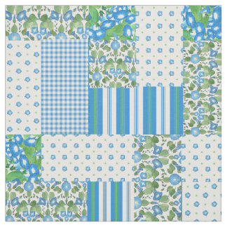 Blue Morning Glory Faux Patchwork Pattern Fabric