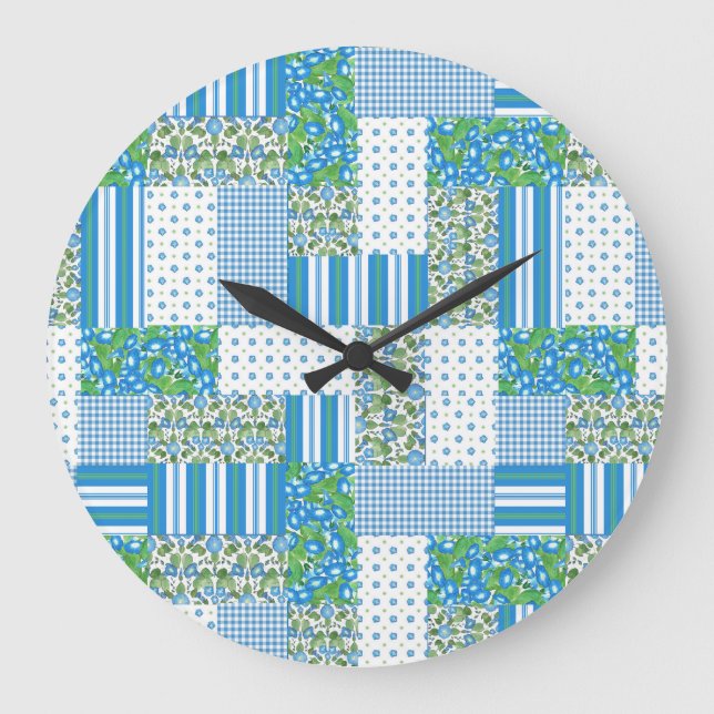 Blue Morning Glory Faux Patchwork Wall Clock (Front)