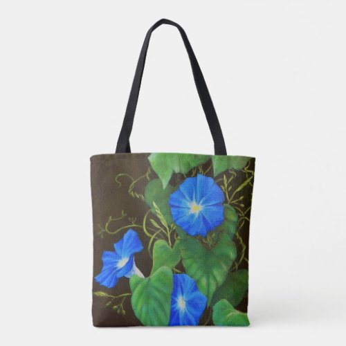 Blue morning glory flower with vines tote bag