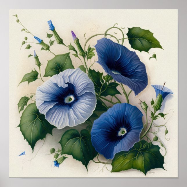 Blue Morning Glory Flowers Art Print Poster (Front)
