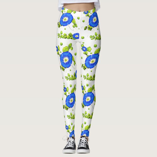 Blue Morning Glory Flowers Pattern Leggings (Front)