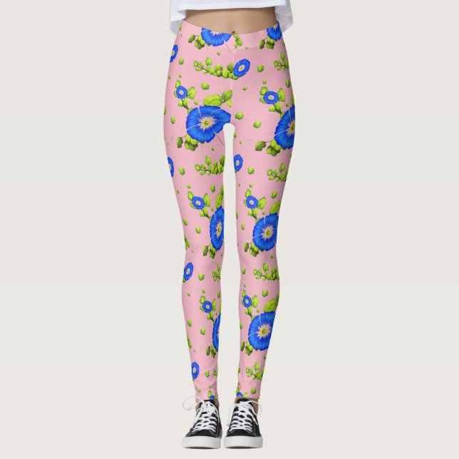 Blue Morning Glory Flowers Pattern ( Pale Pink ) Leggings (Front)