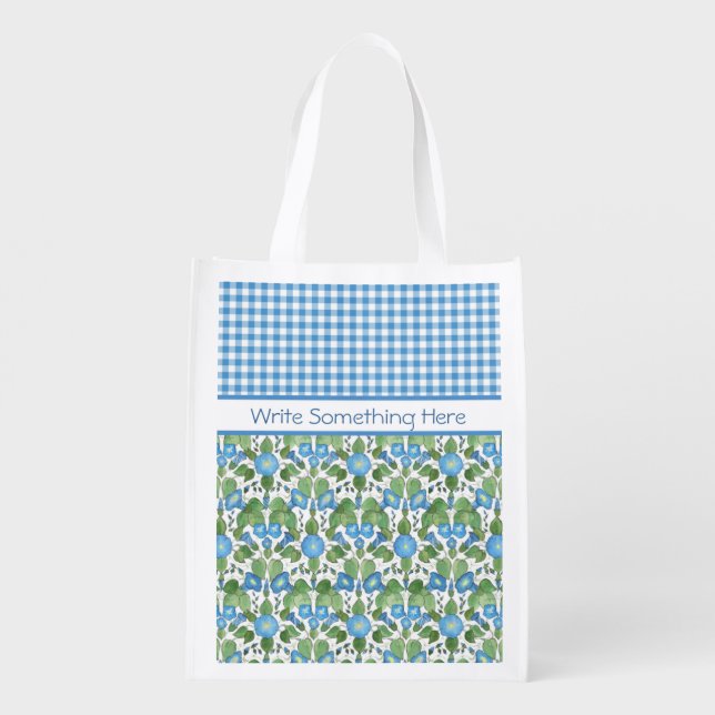 Blue Morning Glory, Gingham Reusable Shopping Bag (Back)