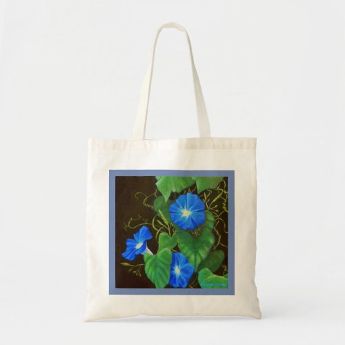 Blue morning glory green leaves and vines tote bag