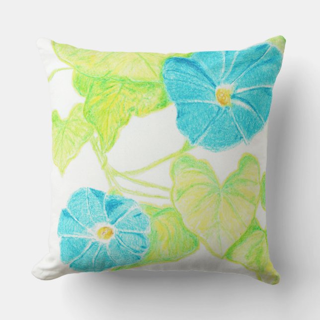 Blue Morning Glory (w/ Leaf detail back) Throw Pillow (Front)