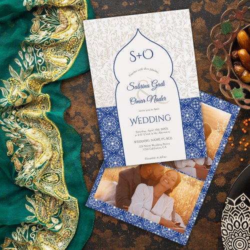 Blue Moroccan floral initials 3 photo wedding Invitation