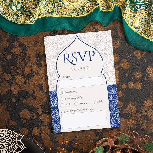 Blue Moroccan floral rsvp wedding Invitation