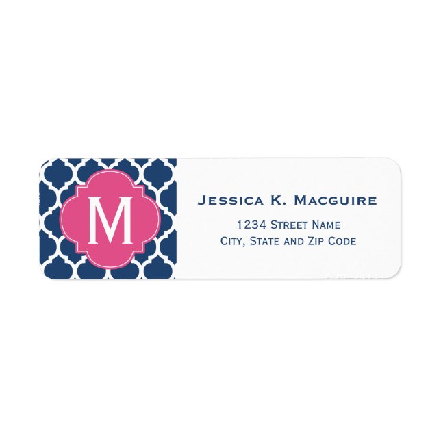 Blue Moroccan Lattice Pink Monogram Quatrefoil Label (Front)