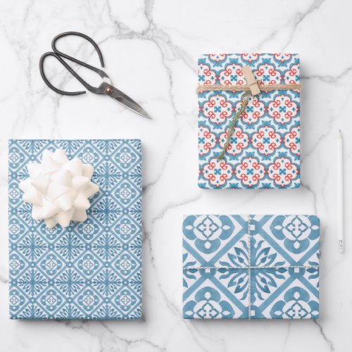 Blue Moroccan Mediterranean Tile Pattern Wrapping Paper Sheets