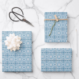 Blue Moroccan Mediterranean Tile Pattern Wrapping Paper Sheets