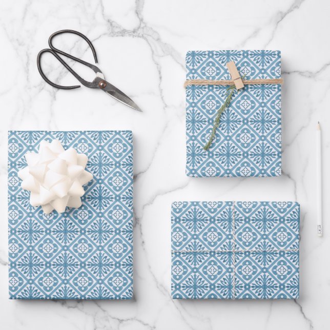 Blue Moroccan Mediterranean Tile Pattern Wrapping Paper Sheets (Front)