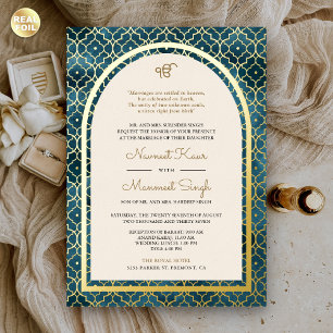 Blue Moroccan Pattern Sikh Arch Wedding Gold Foil Invitation