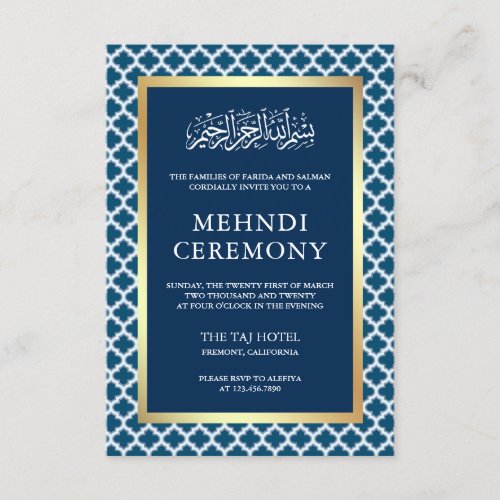 Blue Moroccan Quatrefoil Islamic  Mehndi Ceremony Enclosure Card