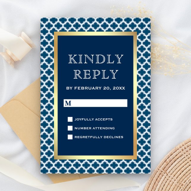 Blue Moroccan Quatrefoil Pattern Wedding RSVP Card (Creator Uploaded)