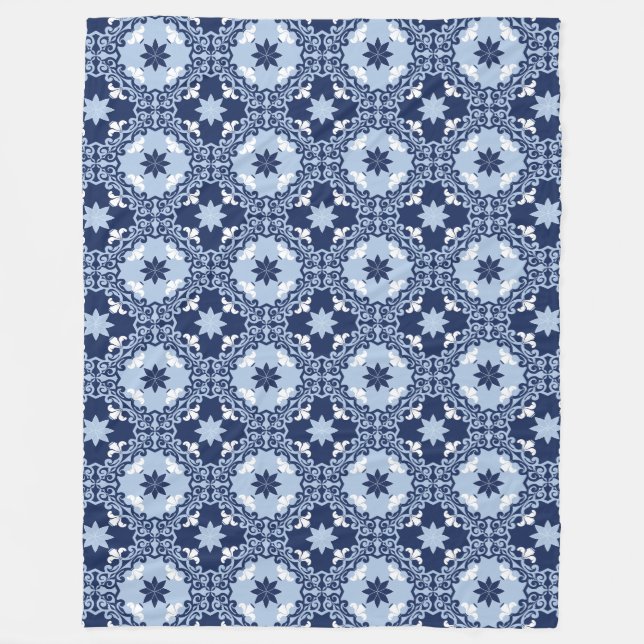 Blue Moroccan tile geometric decorative ornamental Fleece Blanket (Front)