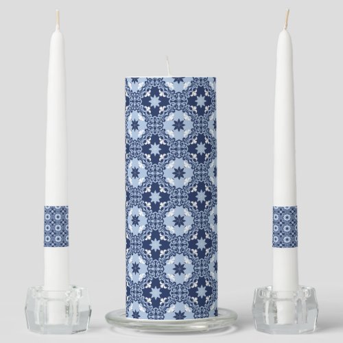 Blue Moroccan tile geometric decorative ornamental Unity Candle Set