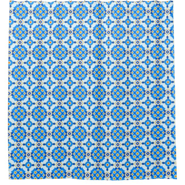 Blue Moroccan Tile Pattern Boho Shower Curtain (Front)